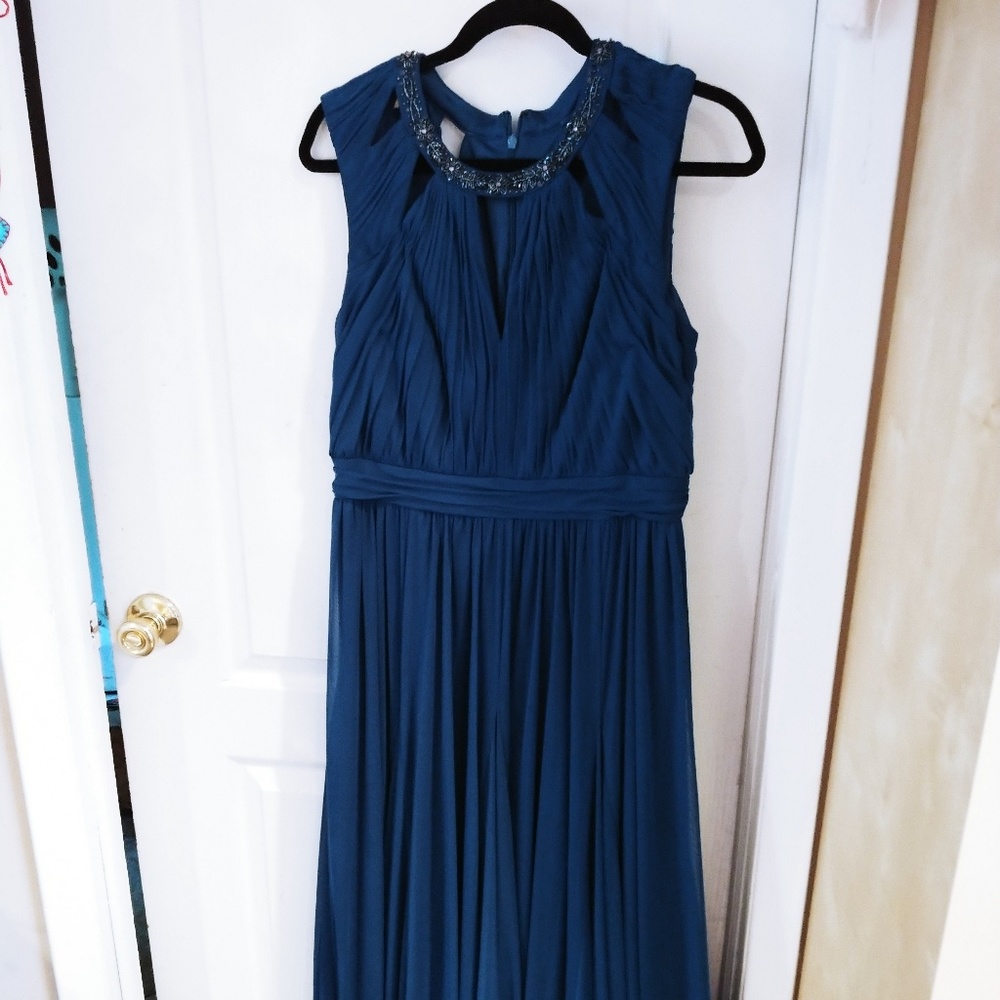 Adrianna Pappell Teal beaded gown 14